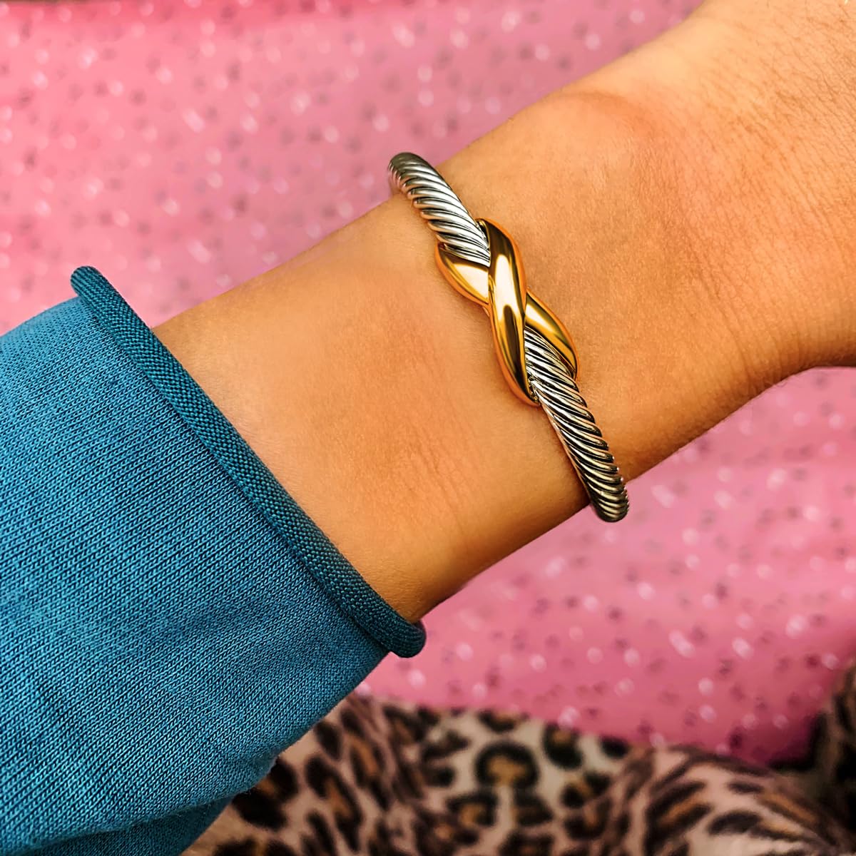 UNY Jewelry Bracelet Criss Cross X Shape Infinity Twisted Cable Wire Open Bangle Designer Inspired Women Jewelry Christmas Gifts (Single Silver)