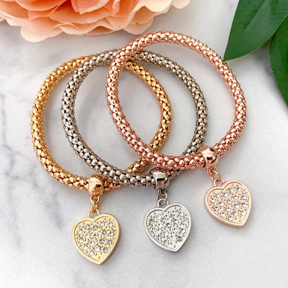 SILANER Crystal Charms Multilayer Bracelets - 3PCS Gold/Silver/Rose Gold Corn Chain Bracelet for Women, Tree of Life Heart Shaped Stretch Bracelet (PAVE CRYSTAL HEART CHARM)