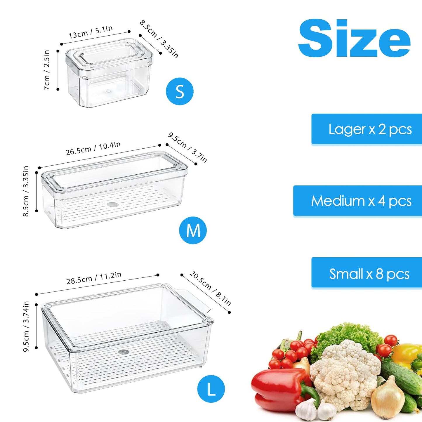 14 Pack Fridge Organizer Storage Bins Set, Clear Stackable Food Storage Containers with Lids BPA-Free for Refrigerator, Freezer, Kitchen Countertop, Organizers for Fruits, Vegetables, Drinks, Cereals