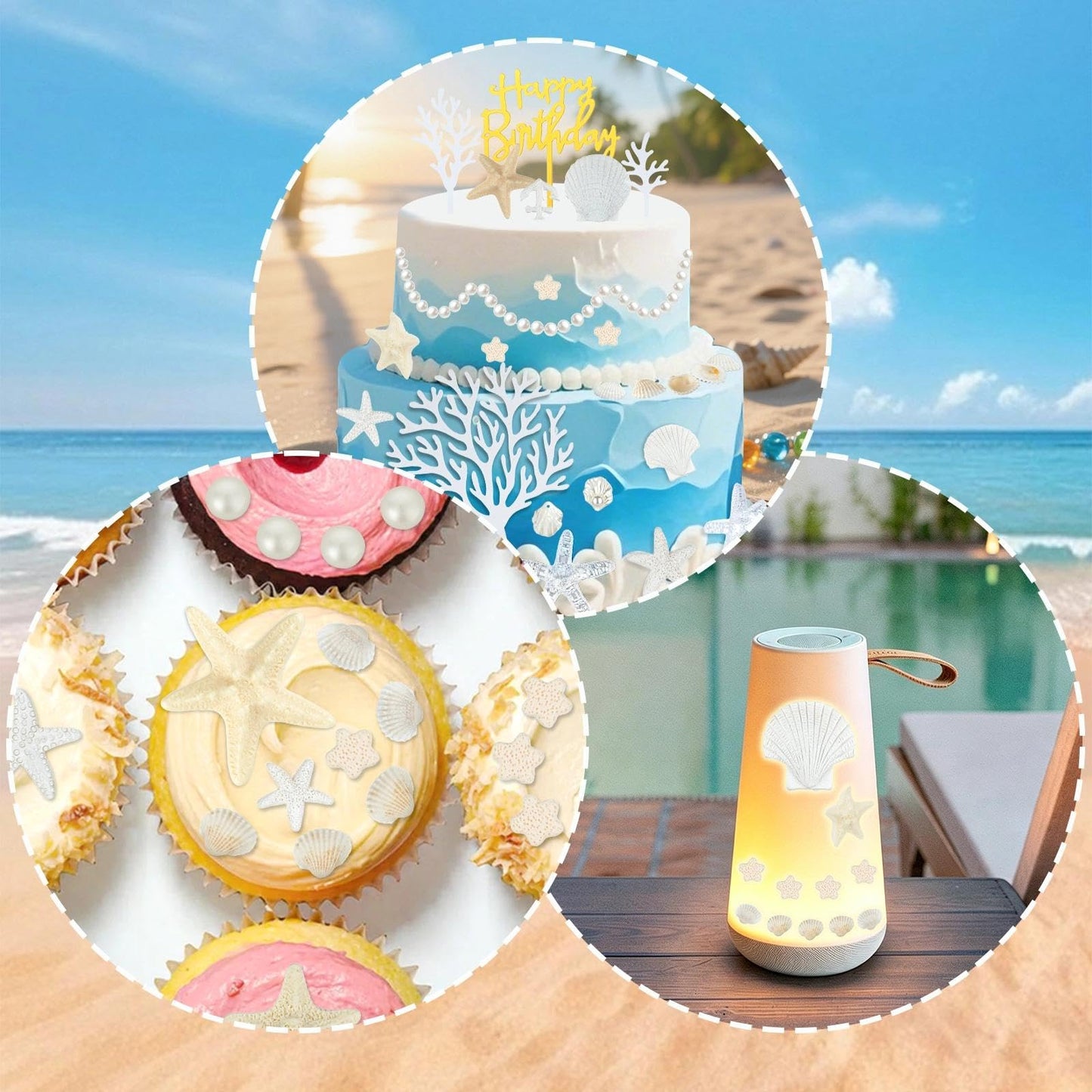 Prospura 34Pcs Beach Cake Topper Set, Under the Sea Theme Decorations with Golden Happy Birthday Sign, Ocean Seashells Starfish Conch for Summer Birthday Party Supplies