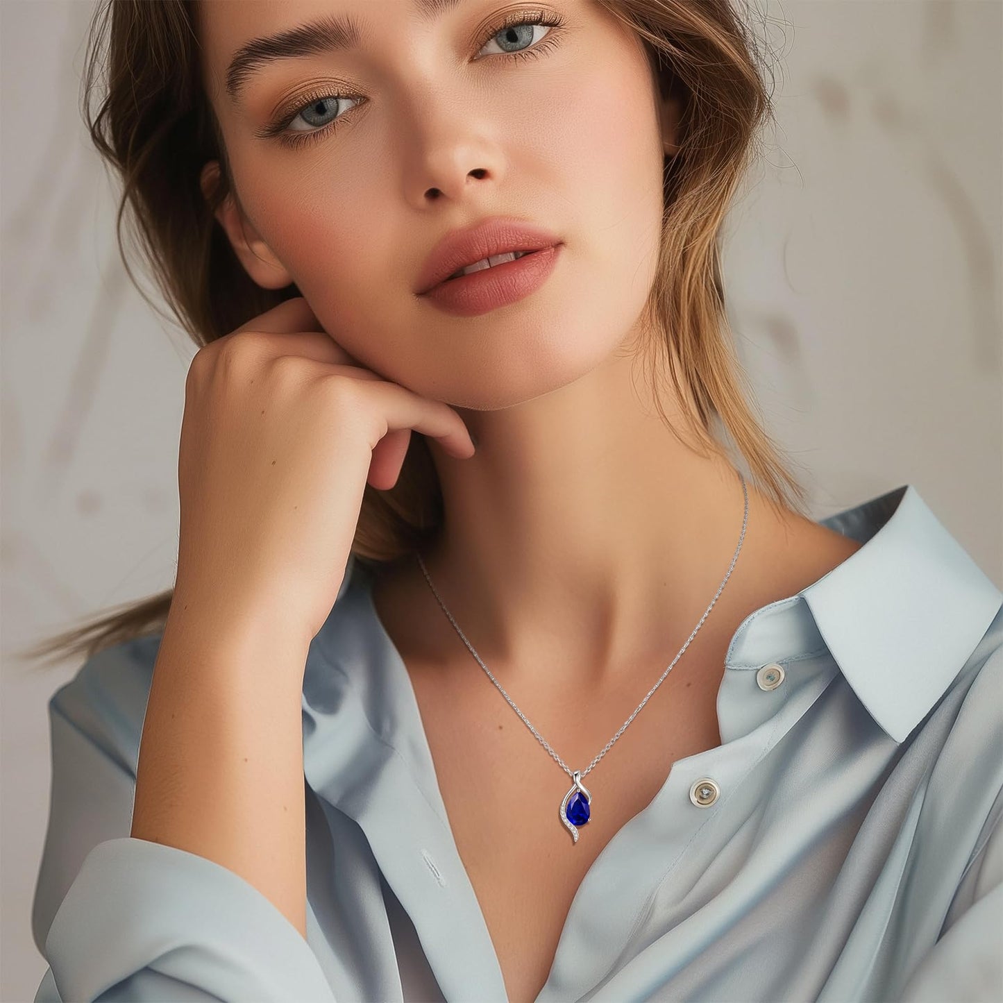 FANCIME September Birthstone Necklace for Women Teardrop Sapphire Necklace S925 Sterling Silver Gentle Love Birthday Gifts for Mom Women, 16"+2" Inches
