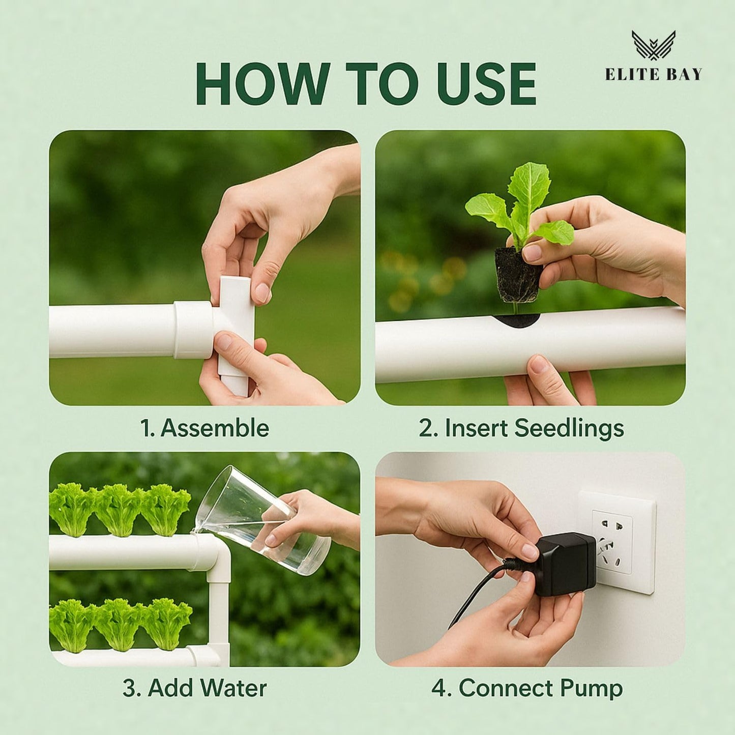 ELITE BAY 36-Pod Hydroponic Plant Growing System – PVC Vertical Soilless Indoor/Outdoor Garden Kit | White Tower with 36 Baskets, Sponges, AU/US Plug & Soft Tube | Ideal for Home Gardening