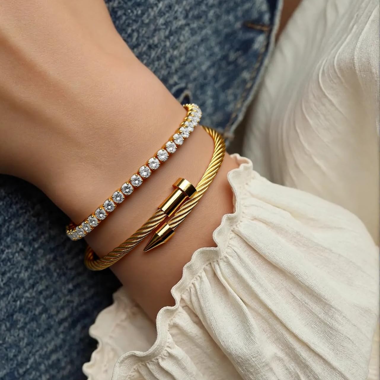 LCTrusttmor Gahna 18K Gold Plated Bangle Bracelet for Women, Non-Tarnish Stackable Nail Hand Chain Set, Dainty Adjustable Tennis Cubic Zirconia Bracelets for Women, Trendy Jewelry Mother's Day Birthday Gifts for Lover Mom Her