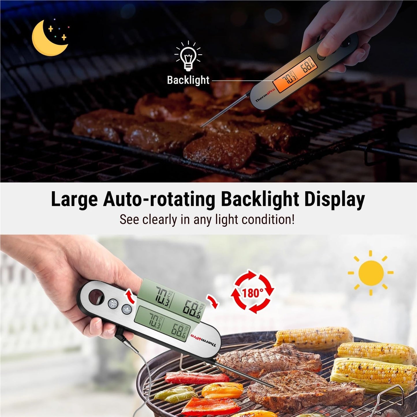 ThermoPro TP610 Rechargeable Waterproof Backlight 2 in 1 Folding Wired Probe Digital Kitchen Cooking Oven Grill Meat Thermometer