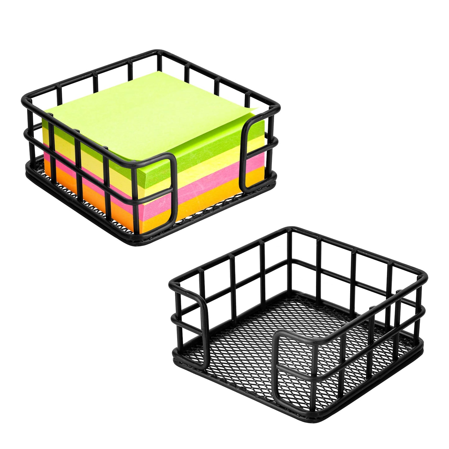 2 Pack Metal Sticky Note Holder, Modern Minimalist Black Wire Memo Note Cube Holder Dispenser Desk Organizer with Mesh Bottom for Home School Office