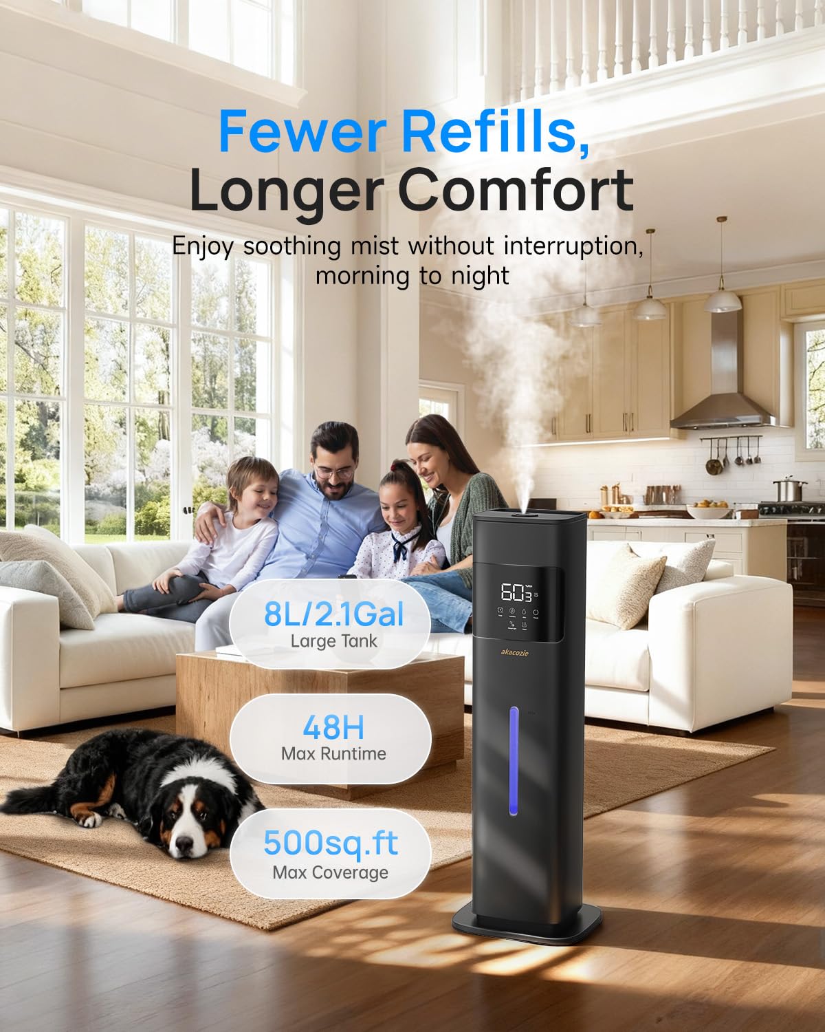 Akacozie Warm & Cool Mist Humidifiers for Bedroom 500 sq ft, 2.1Gal/8L Top-Fill Humidifier Large Room with Essential Oil Diffuser, Large Room Humidifiers for Home Baby Nursery Office Plants, Black