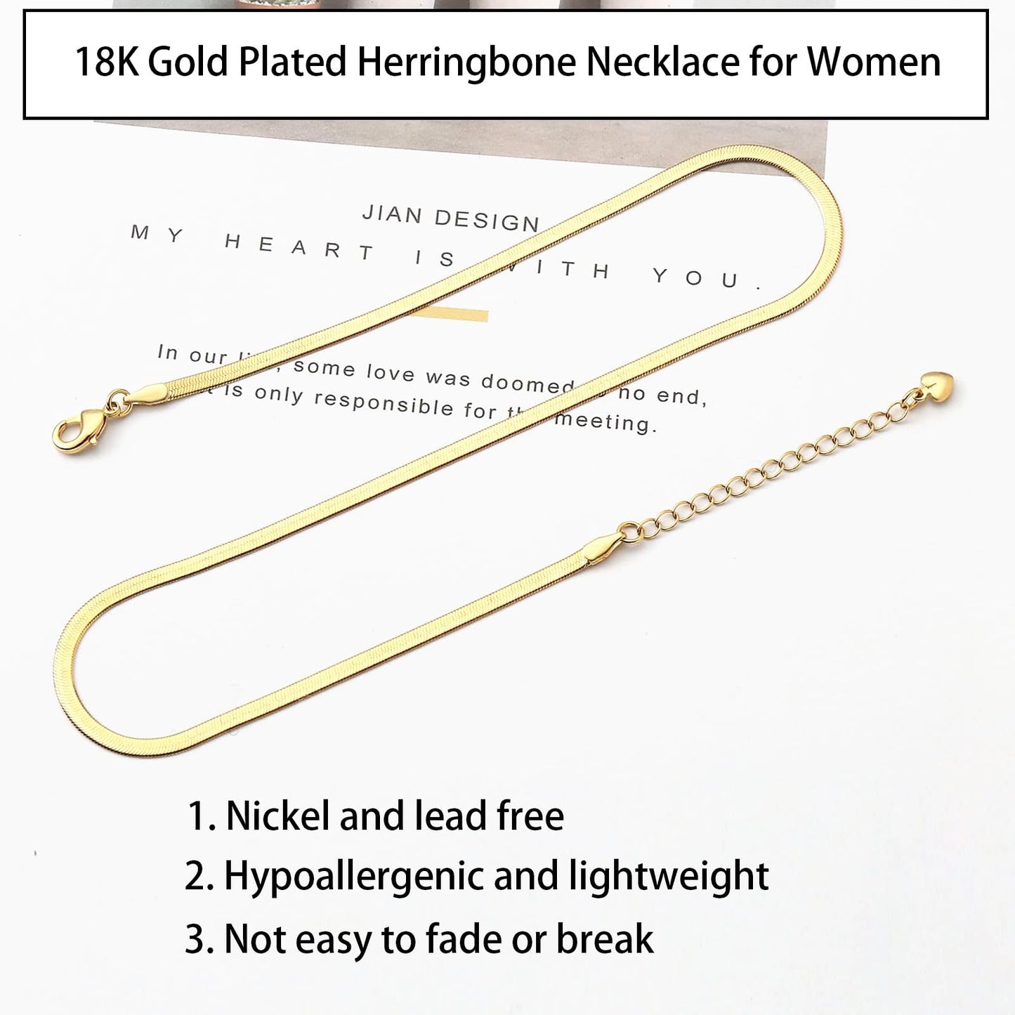 MAIKERDER Herringbone Necklace for Women, 18K Gold Plated Dainty Snake Chain Necklaces Minimalist Simple Flat Gold Necklaces Trendy Non Tarnish 18 Inches