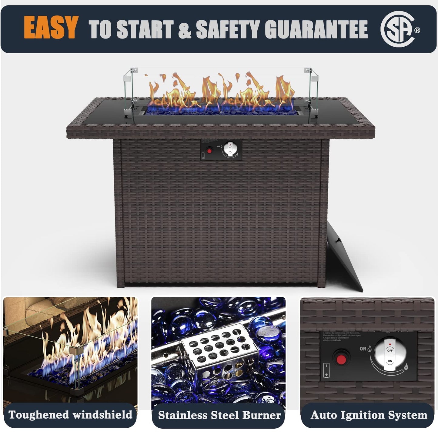 KHOLH 44 Inch Propane Gas Fire Pits Table for Outside Patio, 60000 BTU Rectangular Outdoor Wicker Rattan Fire Pit with Glass Wind Guard