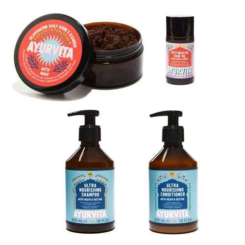 AyurVita Haircare Set - Neem & Reetha Nourishing Shampoo And Conditioner, Restorative Hair Oil, and Scalp Scrub - Conditioning, Clarifying Treatments For All Hair Types - Earth-Friendly Design - 4 pc