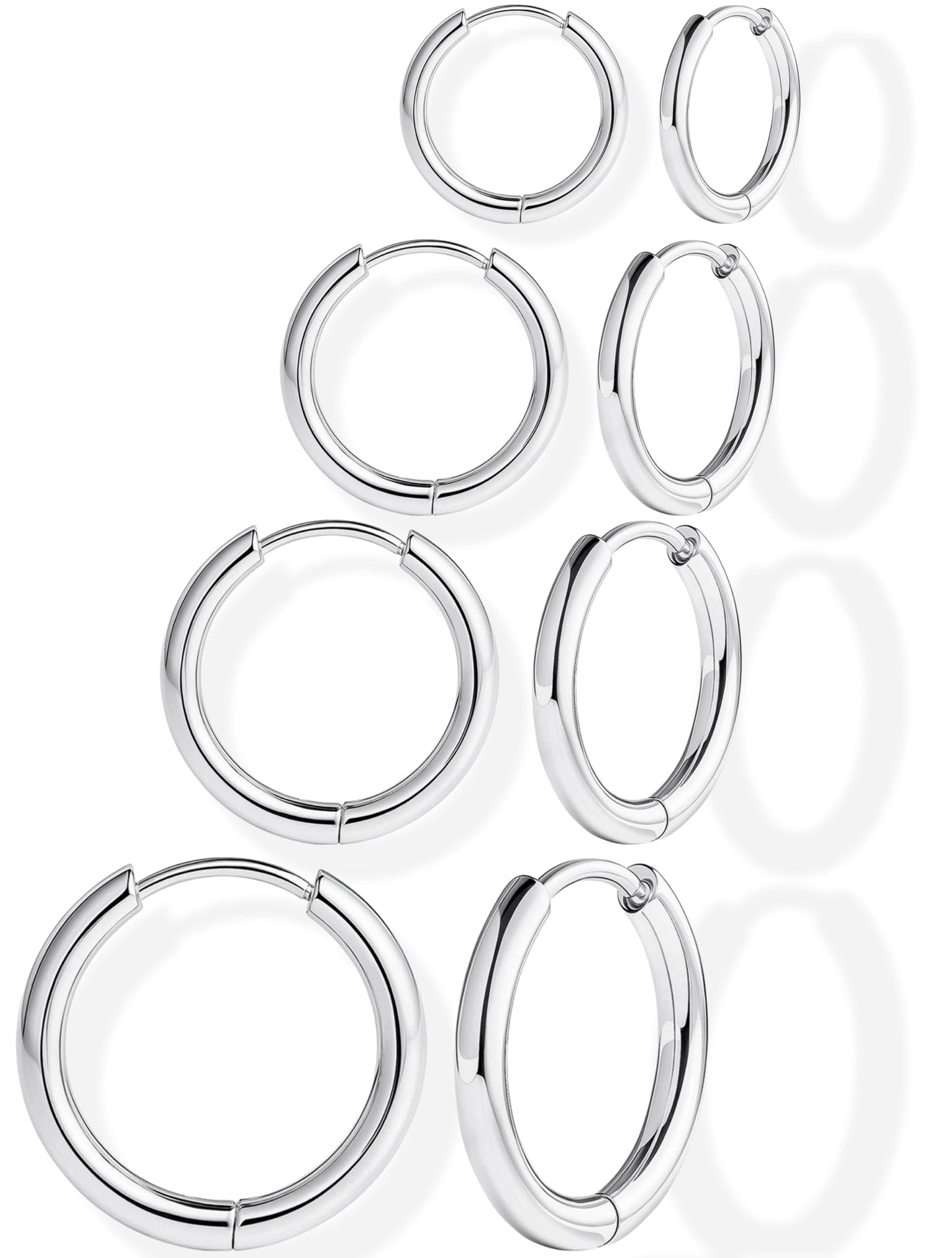 316L Surgical Stainless Steel Silver Hoop Earrings for Men Stack, Cartilage Helix Lobes Conch Hypoallergenic Titanium Earrings for Sensitive Ears Stainless Steel Jewelry Gifts for Women Men 6/8/10/12mm Earring Set for Multiple Piercing