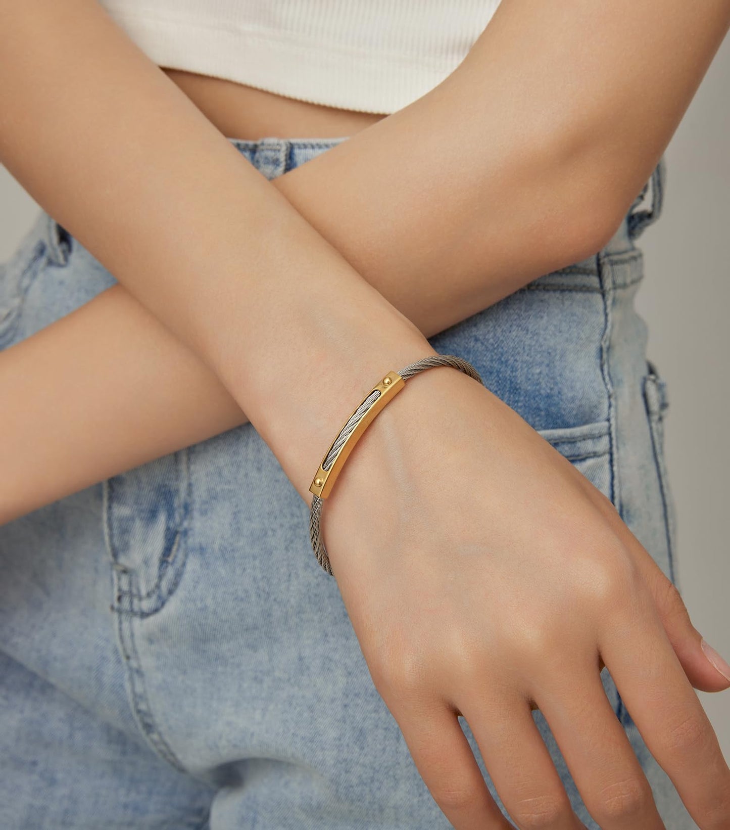 LXBQYSTO Cable Wire Twisted Cuff Bangle Bracelet For Women 14K Gold/rose/silver Stainless Steel Jewelry for Women Gift (Close-Silver&Gold)
