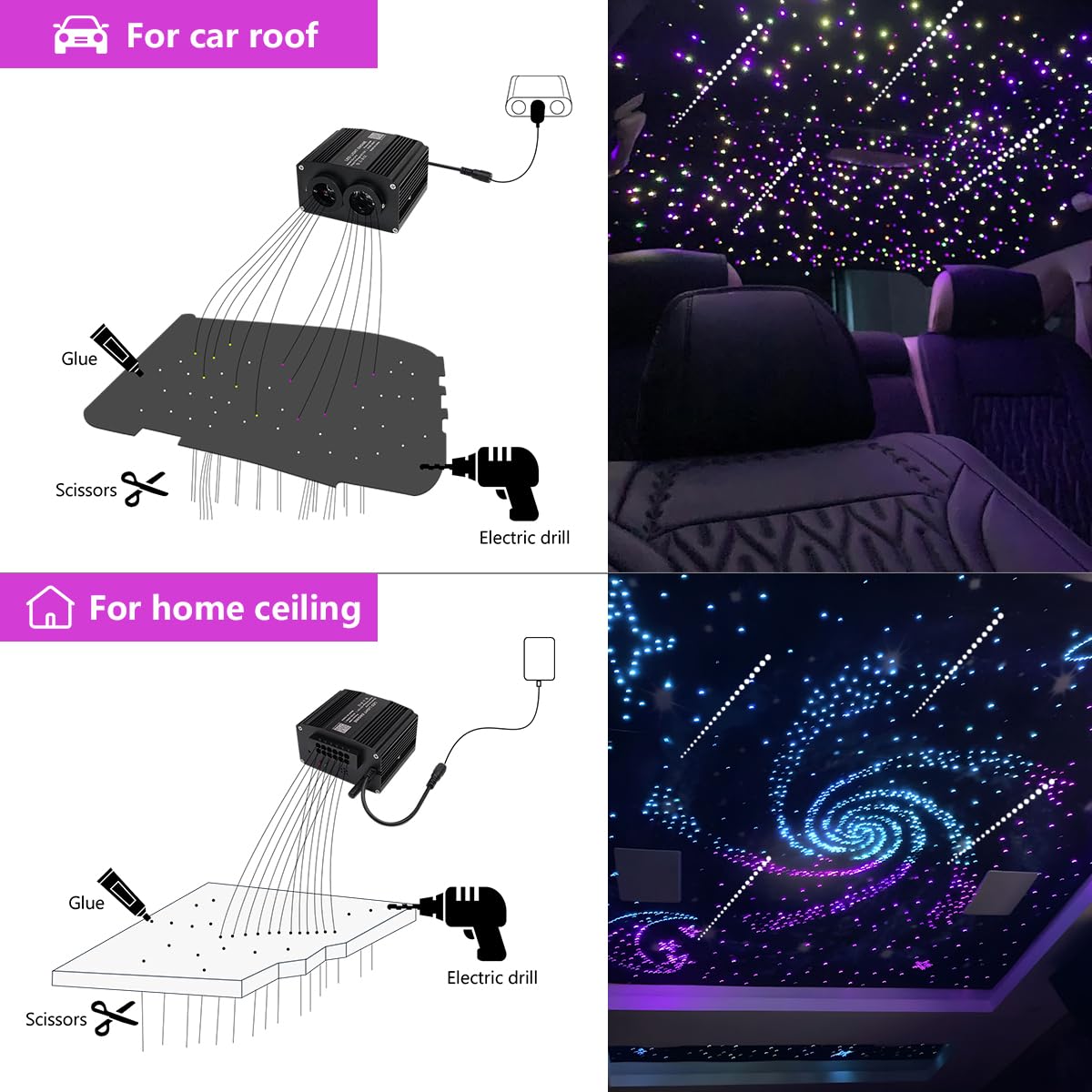 AZIMOM Dual Color 1200pcs 0.03in 13.1ft Twinkle Fiber Optic Starlight Headliner+ Pure White Meteor 240pcs Shooting Star, Sound Mode APP& Remote Control 2 in 1Starlight Meteor Kits Car Home Ceiling