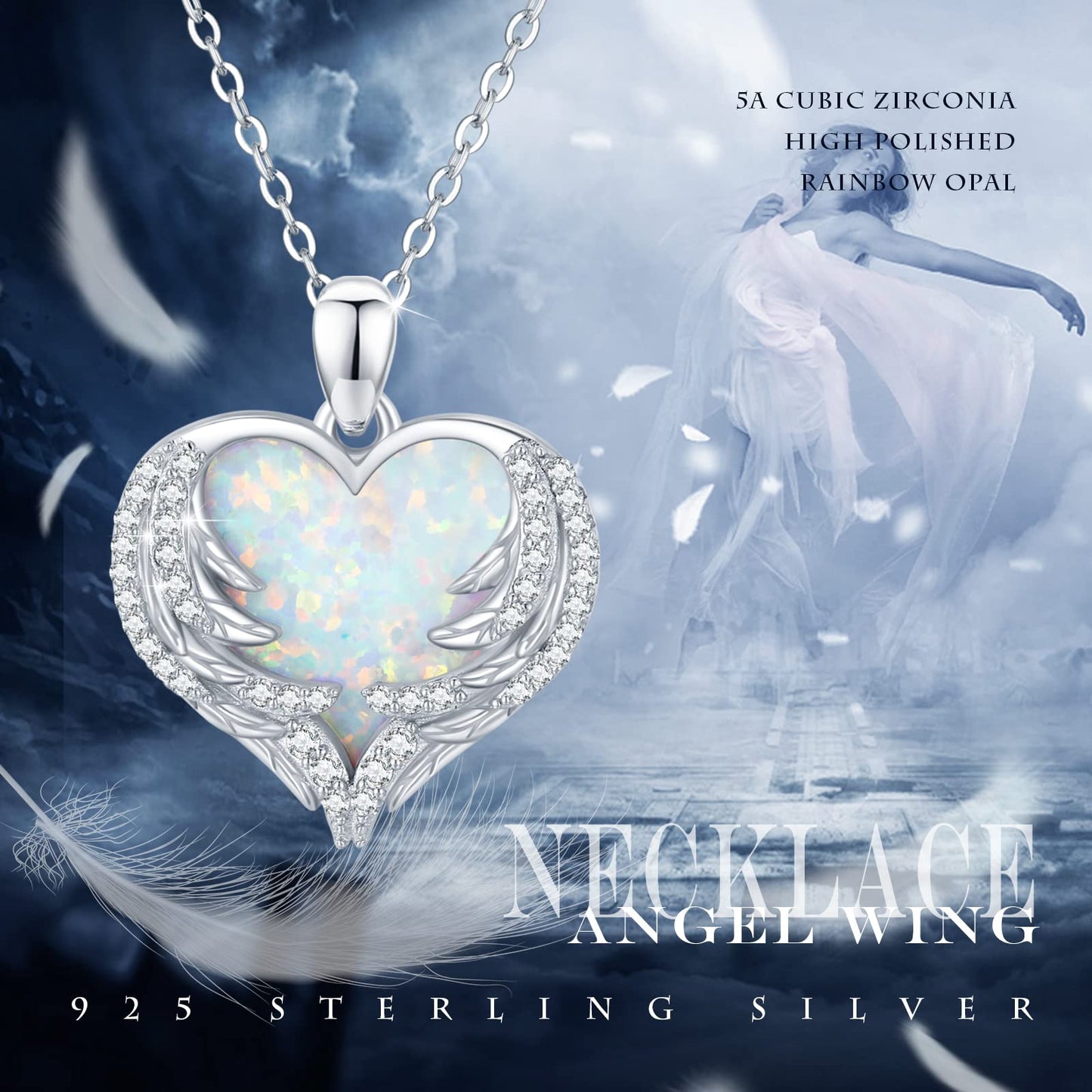 CUOKA MIRACLE Angel Wing Heart Opal Necklace 925 Sterling Silver Women's Guardian Angel Wings Pendant Necklace Dainty White Opal Jewelry for Women Birthday Gifts for Mom Women