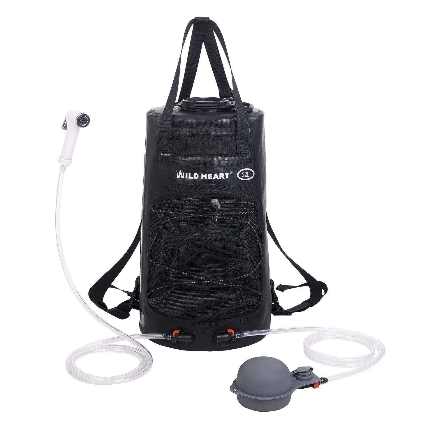 WILD HEART Camping Shower 5.8 Gallons/22L Portable Camp Shower Bag with Upgraded Screw Lid, Water Level Window, Pressure Foot Pump, and Handy Nozzle, Solar Shower for Camping Hiking Trip