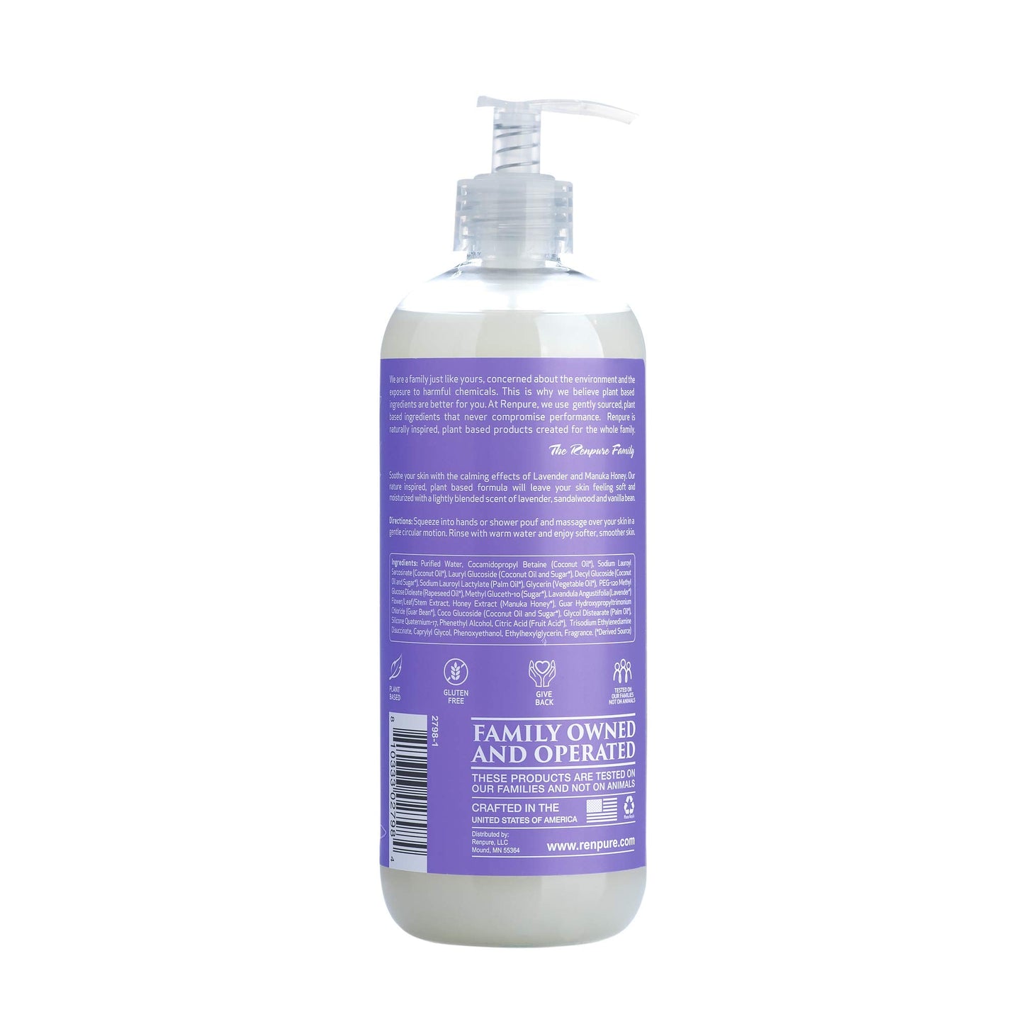 RENPURE Plant-Based Organic Natural Lavender Body Wash, Manuka Honey & Coconut Oil for Body – Sulfate Free, Moisturizing Shower Gel & Sensitive Skin Body Wash with Pump for Women, 19 Ounce