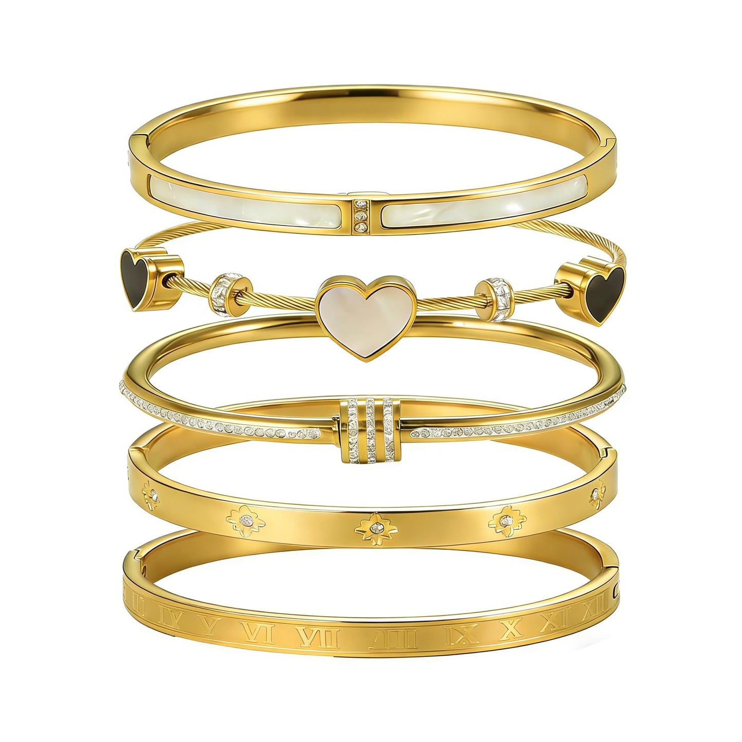 18K Gold Plated Bracelets for Women Stackable Bangle Bracelets Set Stainless Steel Gold Cuff Hinged Heart Bracelet Non Tarnish Waterproof Jewelry Fits 6.5 to 7 Inch Wrist Gift for Women Mothers Day Gift