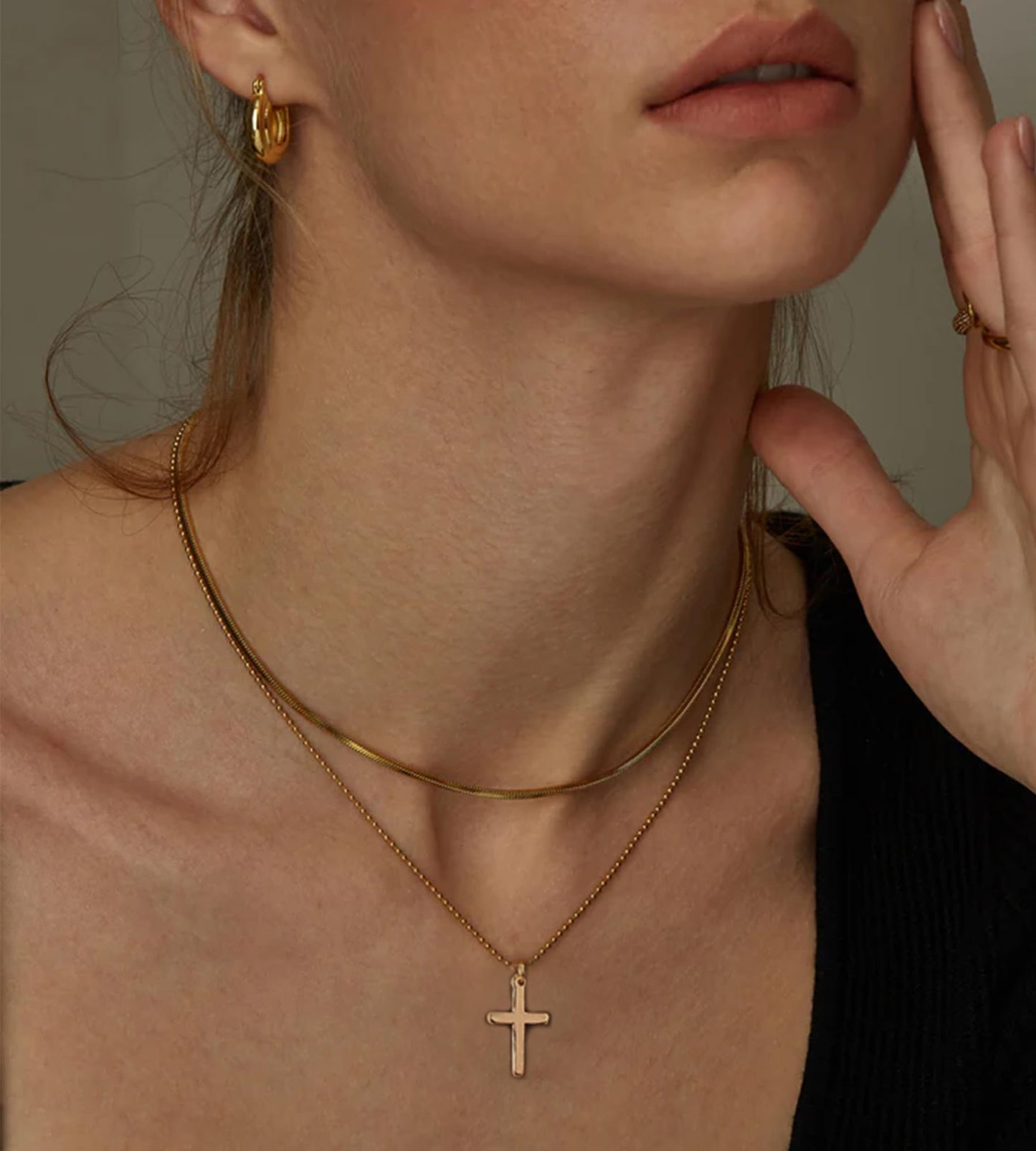 YEEZII Layered Gold Necklaces for Women Trendy, 3 Pcs 14K Gold Plated Choker Paperclip Box Chain Necklace, Stackable Women's Gold Pendant Necklaces Jewelry Set (Gold-3 pcs-Cross)