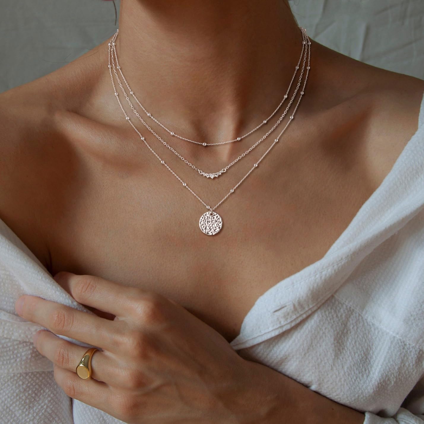 CHESKY Layered Silver Necklace for Women Trendy, Silver Plated Dainty Stackable Charm Necklaces for Womens Layering Beads Chain Diamond Pendant Necklaces Stack Jewelry Set for Women Gifts