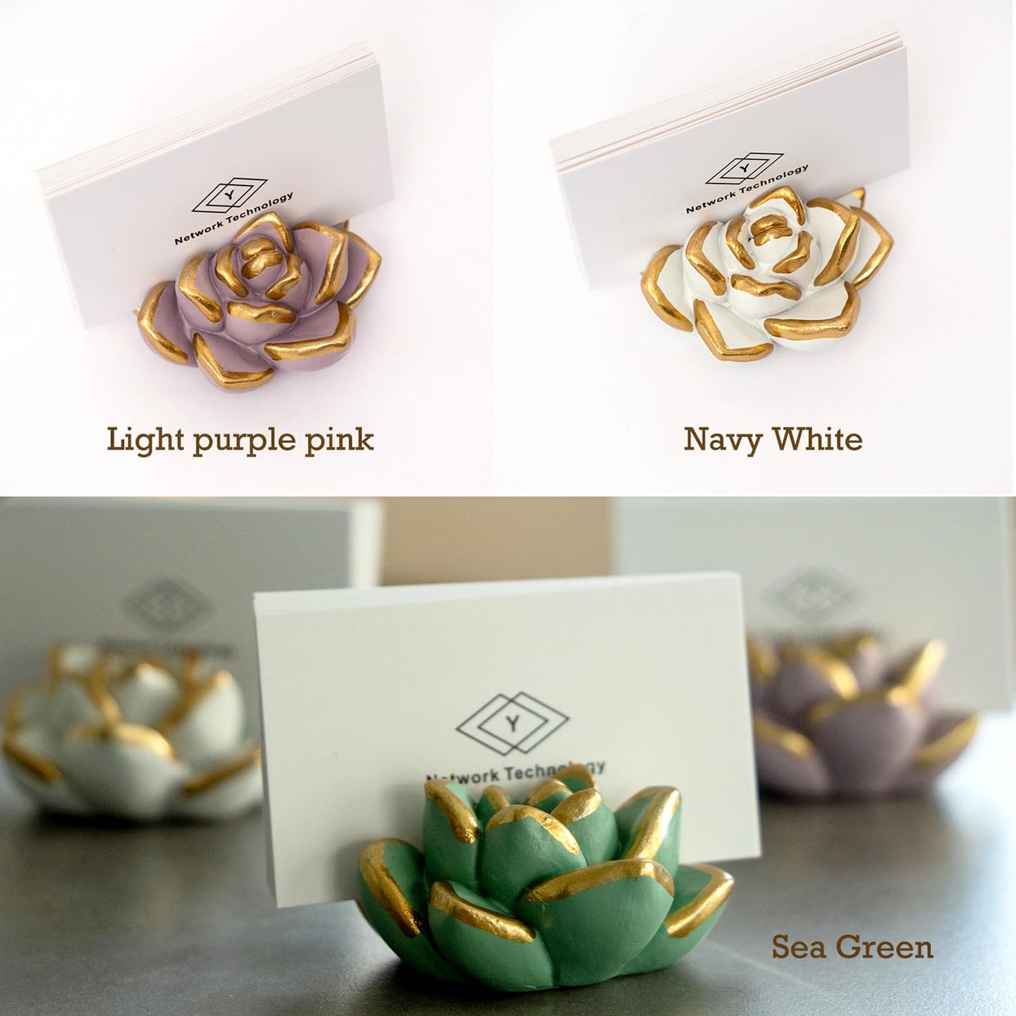 wowhalolo Resin Succulent Business Card Holder Set of 3 - White, Pink, Green - Modern Desk Organizer and Display Stand for Office, Store - Vertical Name Card Holders - Unique Gift and Decor