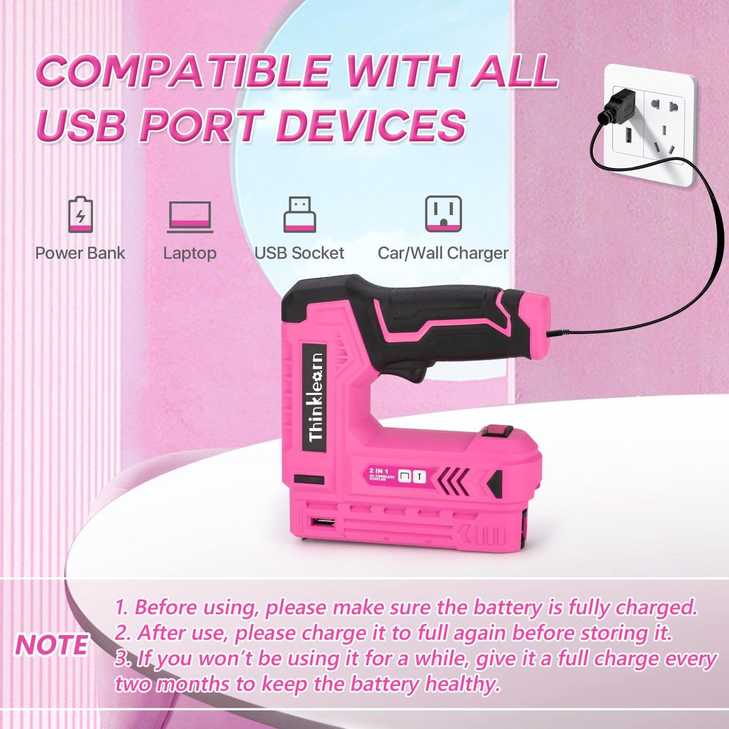 Pink Electric Staple Gun, 7PCS 2 in 1 Cordless Stapler Nail Gun Set with 3300pcs Staples Nails, 4V Brad Nailer Tacker for Upholstery, Wood, Carpentry, Crafts, DIY, Brad Nailer Kit with USB Charger