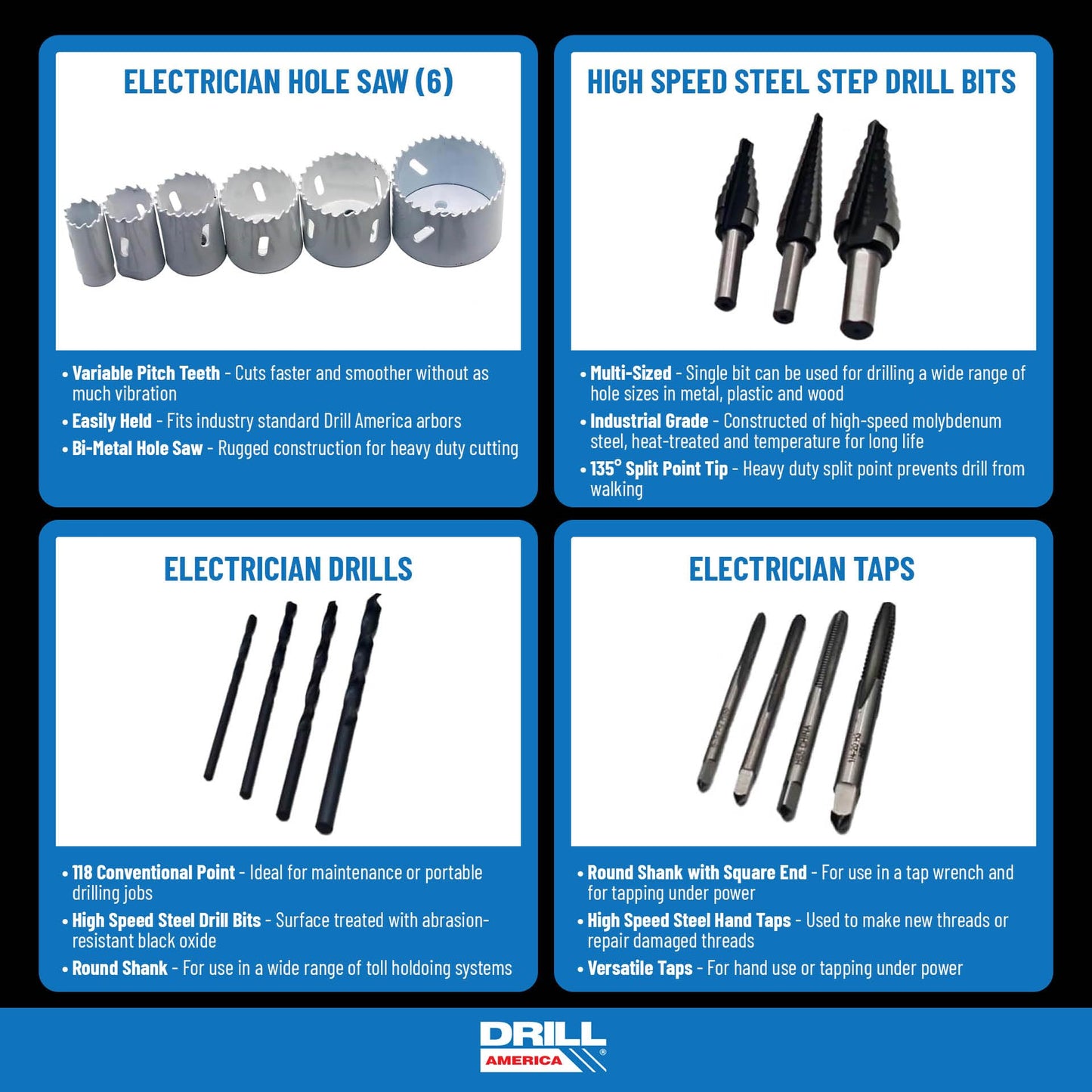 Drill America Electrician Tool Kit, 15-Piece Multi Tool Set with 4 Tap + Drill Bits, 6 Hole Saws, 1 Pilot Drill, 3 HSS Step Drills, Storage Bag Organizer, KMZELEC11