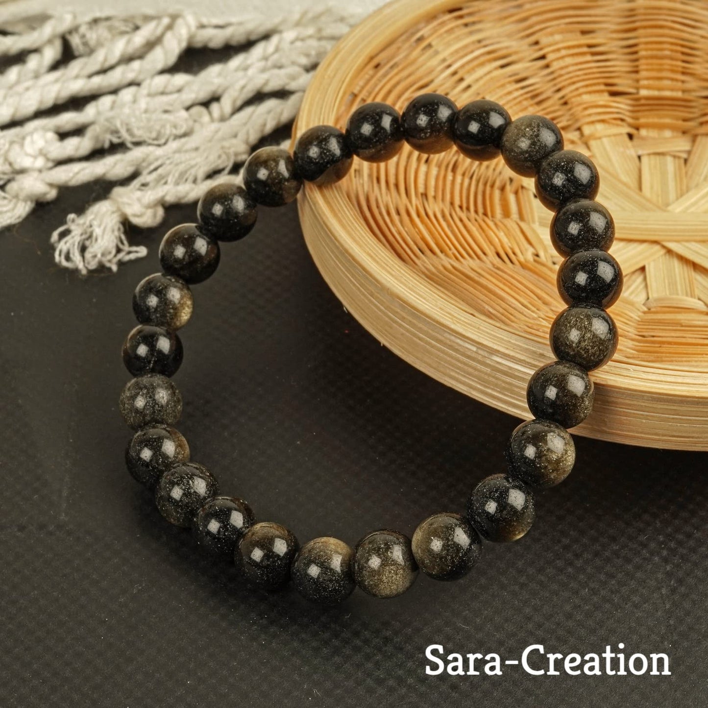 sara creation Gold Obsidian Stone Bead Bracelet - Adjustable Natural Gemstone Bracelets - Healing For Girl Women Men