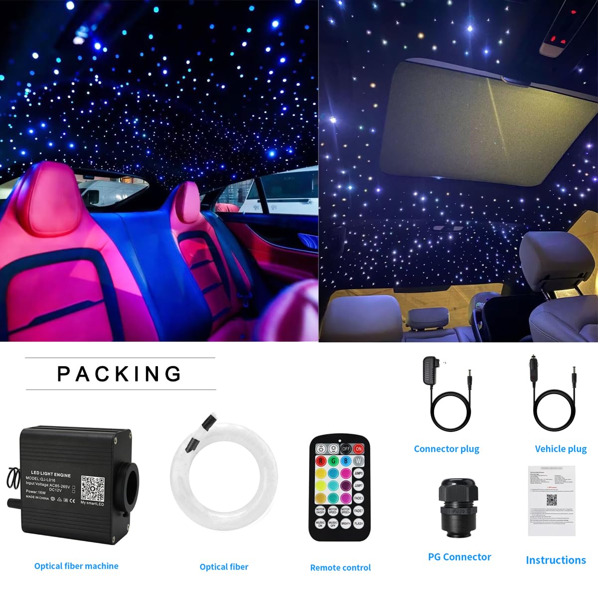 AZIMOM 16W Twinkle & Sound Activate 600pcs*0.03in*13.1ft Fiber Optic Starlight Headliner Kits for Car Home Star Ceiling Sky Decoration, APP& Remote Control Light Engine End Glow Fiber Strands
