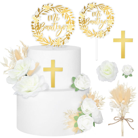 9 Pcs Mi Bautizo Cake Topper Gold Cross and Dried Flower Decor Set First Holy Communion Baptism Cake Pick Religious God Bless Baptism Cake Decoration for Celebration Milestones Decor