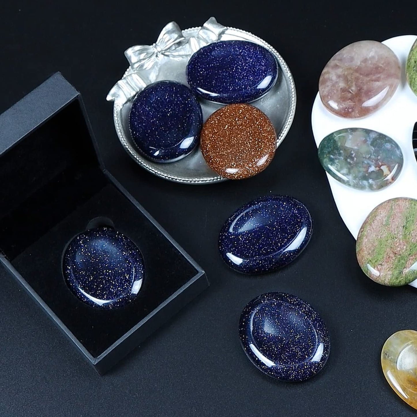 LEADGEM 2" Worry Stone Blue Sand Crystal Palm Stones, Healing Goldstone Crystals for Anxiety Meditation, Turmalina Negra Thumb Stone Anxiety Relief Items Gift