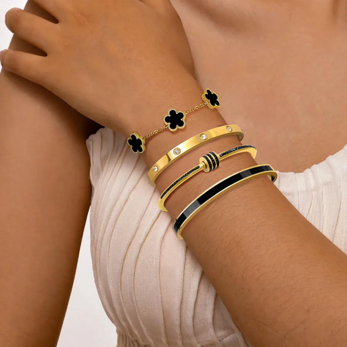 MOINSPIRE 18K Gold Plated Bracelets for Women, Stainless Steel Four Leaf Clover Tennis Nail Love Bangle Bracelets Set, Trendy Stackable Twist Cuff Bracelet Non Tarnish Jewelry Gifts for Christmas