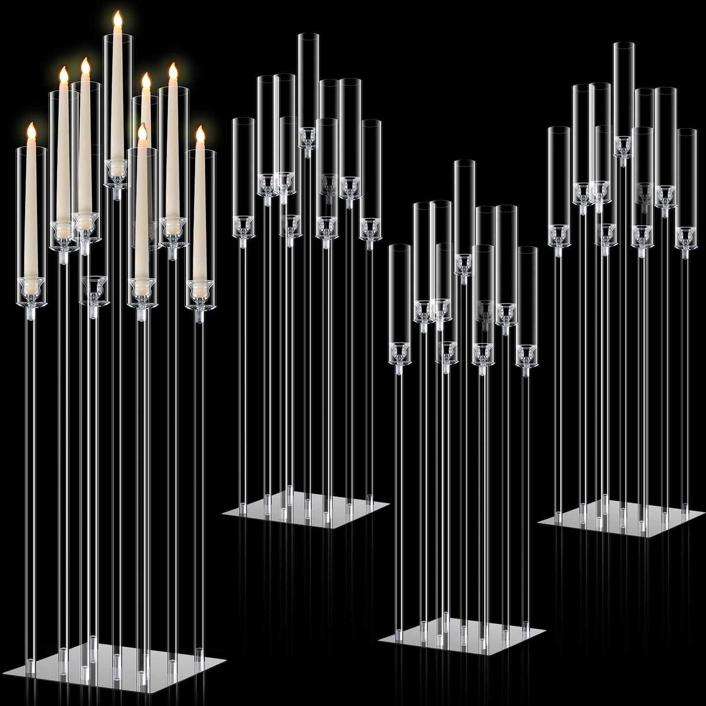 Tessco 4 Set 9 Arm Acrylic Candelabra Candle Holder 42.5'' Clear Candelabra Centerpieces for Wedding, Candlesticks Holder with Lampshade Metel Mirror Base for Wedding Christmas Dinner Party Decor