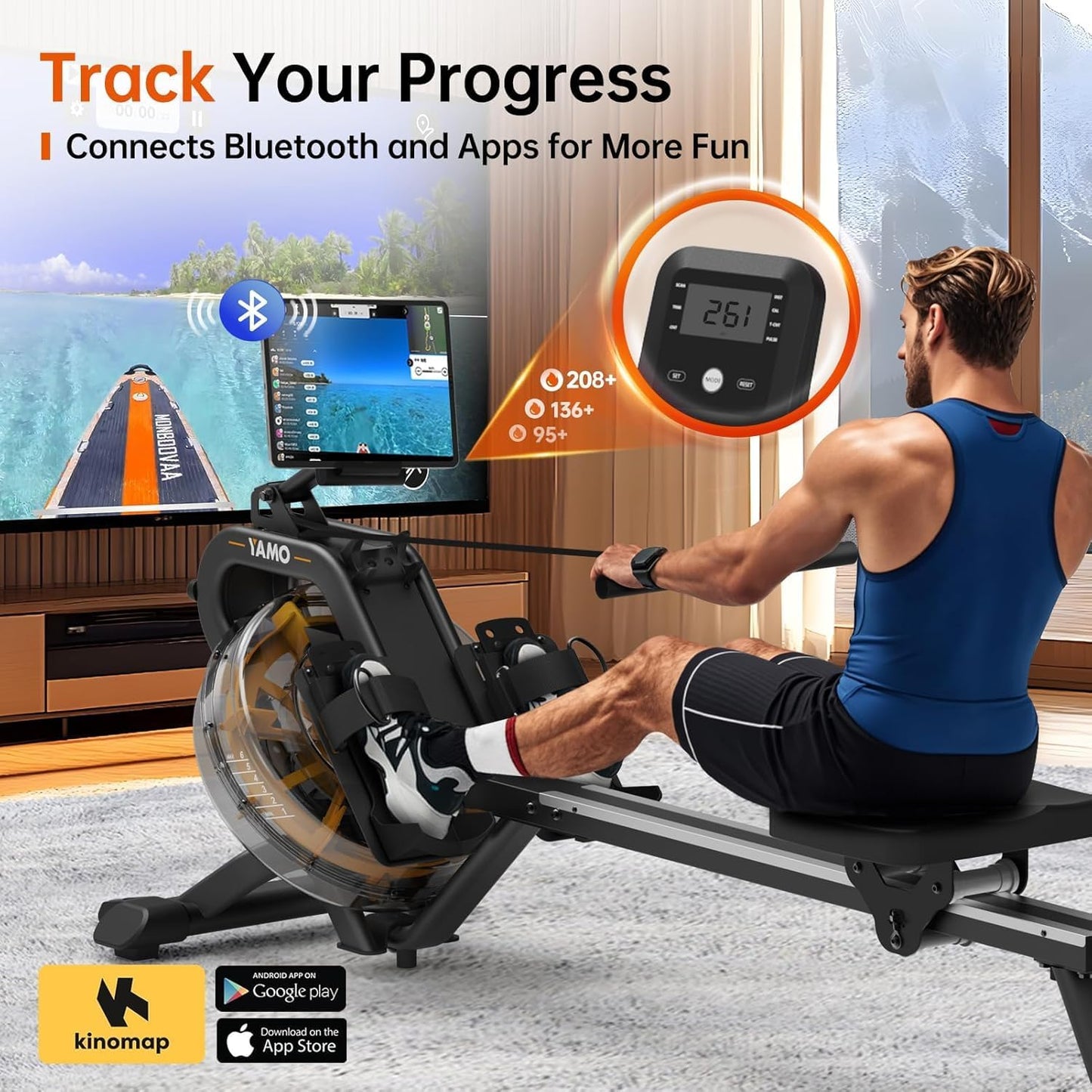 YAMO Rowing Machines for Home, Water Rowing Machine for Immersive Water Rower, Indoor Rowing Machine Large Water Tank & Comfortable Seat, 350lbs Weight Capacity, App Compatible,LCD Monitor