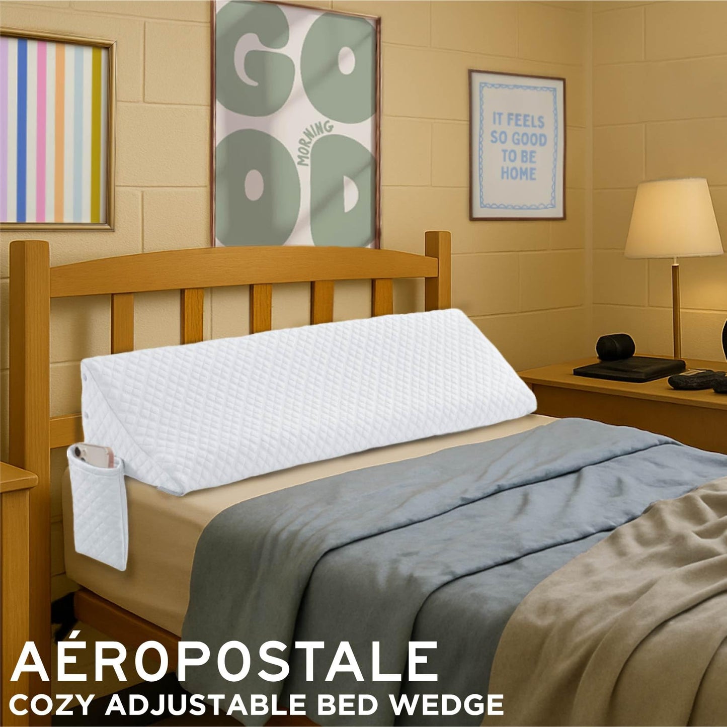 Aeropostale Foam-Filled Bed Wedge Pillow for Twin Beds – Dorm, Kids & Teen Rooms – Headboard Gap Filler with Side Pocket for Bedside Essentials, White