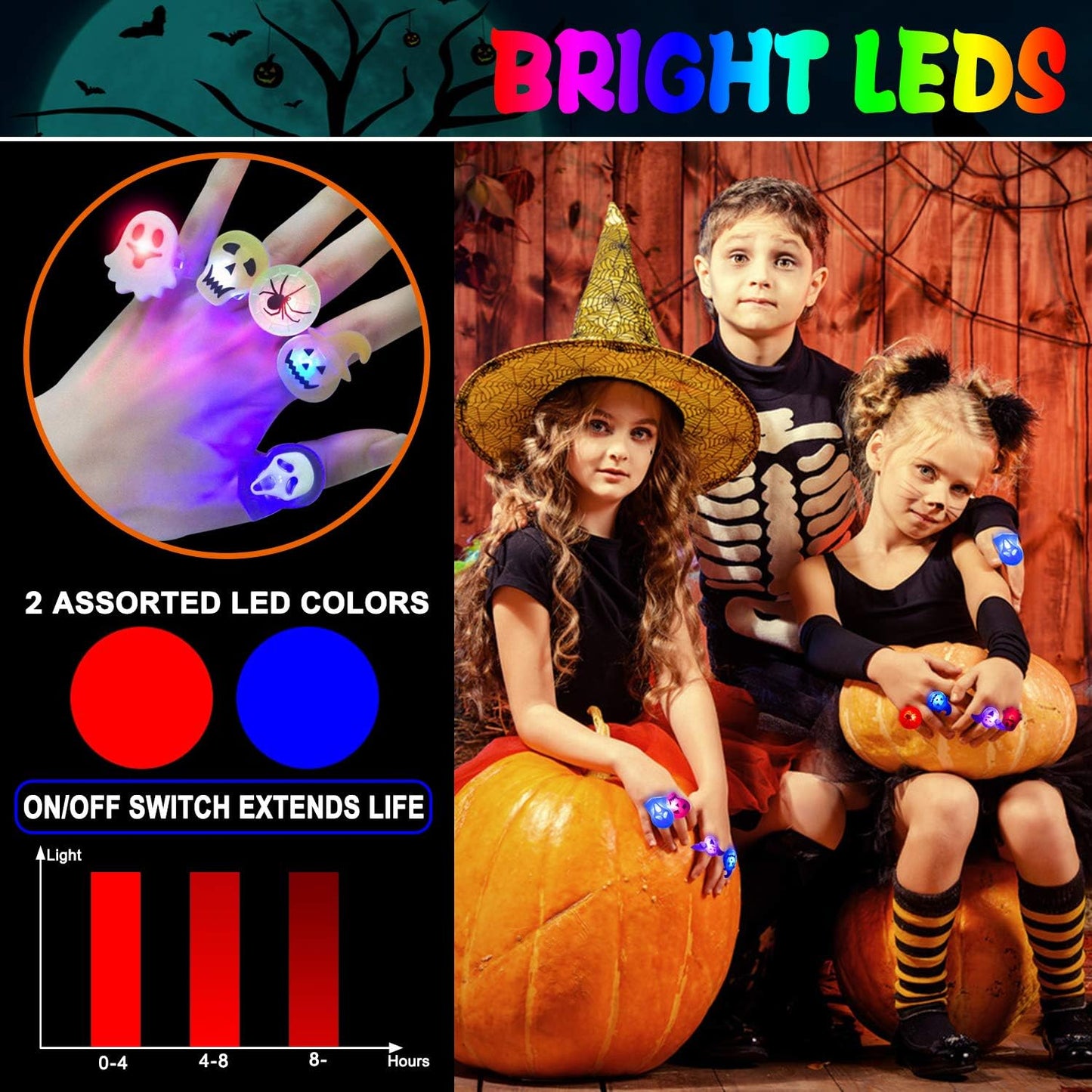 PNNJSSXT 50pcs Halloween LED Rings, Halloween Party Favors Glow in the Dark Party Supplies, Light Up Rings Perfect for Trick or Treat Gifts