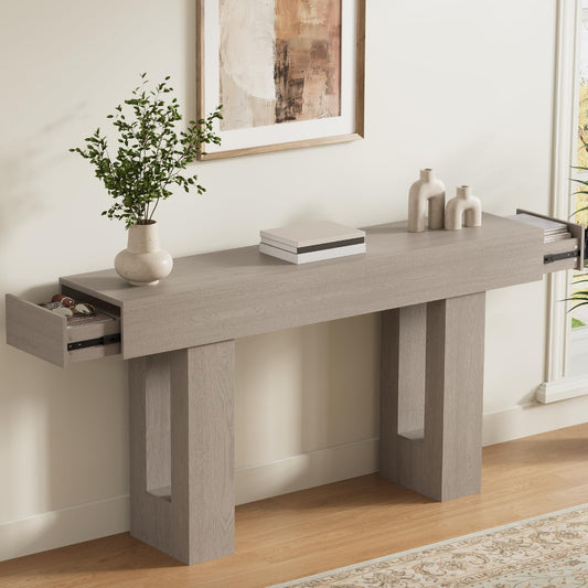 Airynee 63 Inches Long Console Table for Entryway with Drawers, Wooden Sofa Table Behind Couch, Industrial Entry Table for Living Room, Foyer, Hallway, Grey