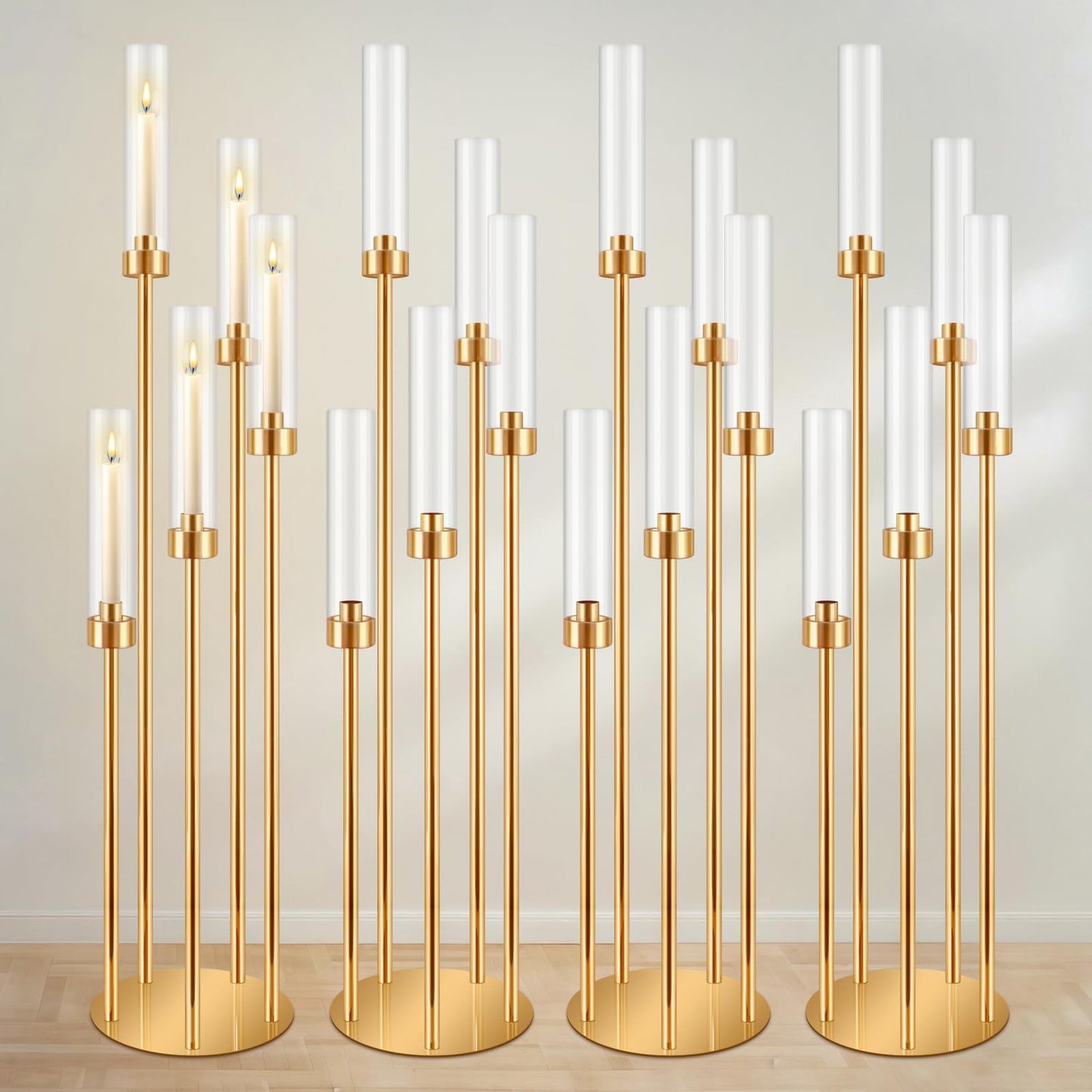 DIWNELEM 4 Pcs Gold Candelabra Centerpieces 5 Arm 42" Tall Metal Candle Holder Floor Candelabra Wedding Centerpieces Metal Candlestick Holders with Acrylic Removable Lampshade for Christmas Decoration"
