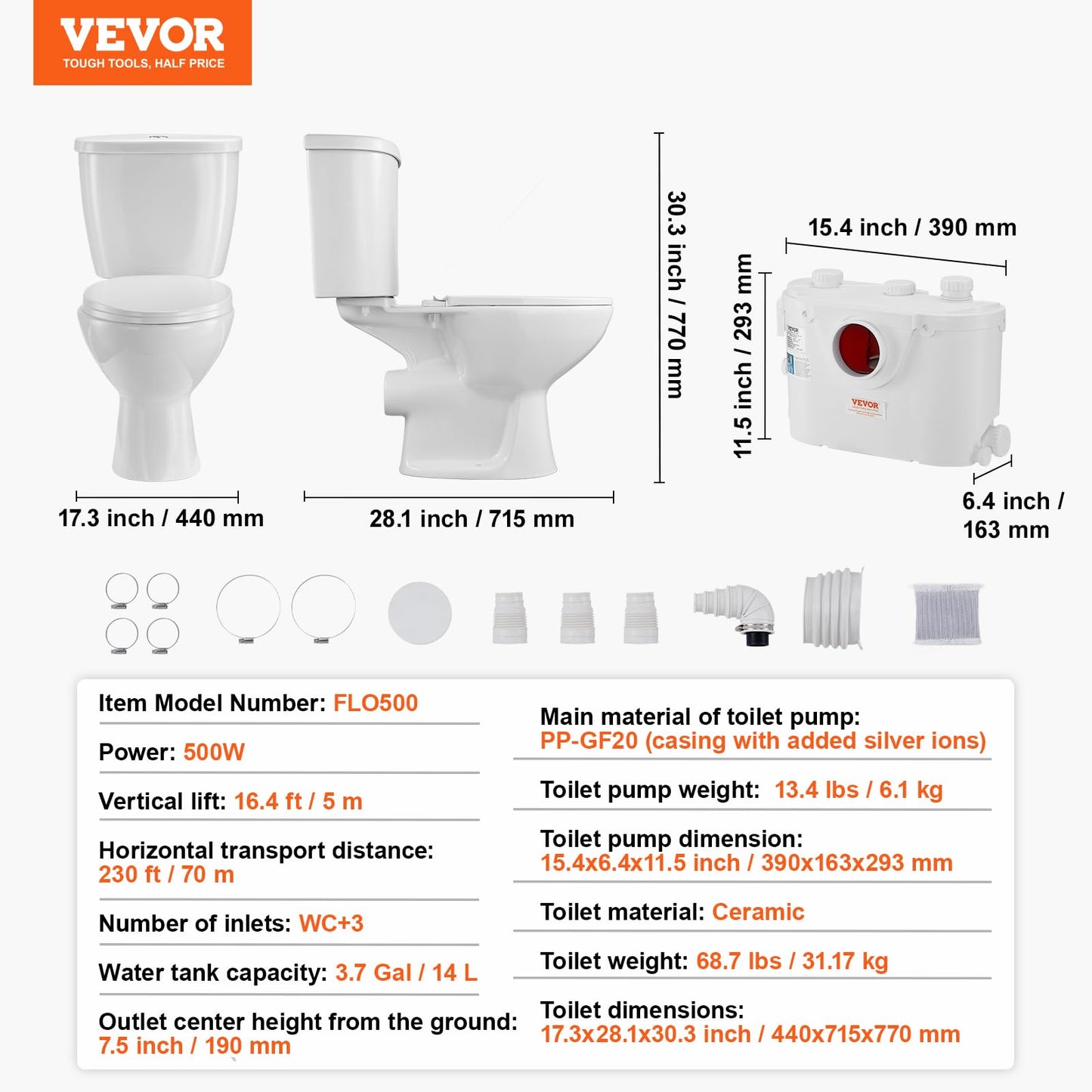 VEVOR Macerating Toilet System with Powerful 500W Macerator Pump, Rear Discharge and Upflush Toilet For Basement, Dual Flush Water Disposal, Macerating Toilet System Kit with 3-Inlet, Space Saving