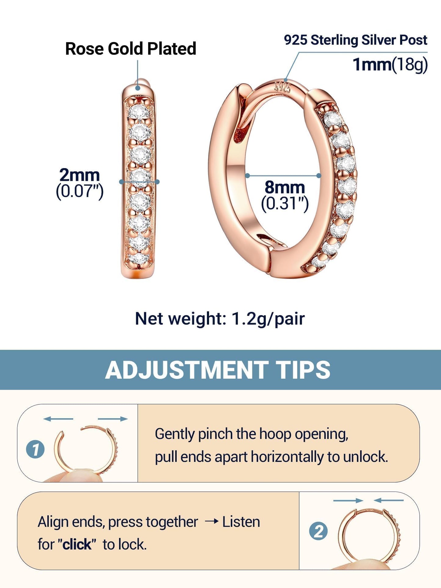 Rose Gold Hoop Earrings For Women Cubic Hoops Earring Hypoallergenic 8mm Tiny Huggie Jewelry Non Tarnish Cartilage Piercing Waterproof Ear Earings