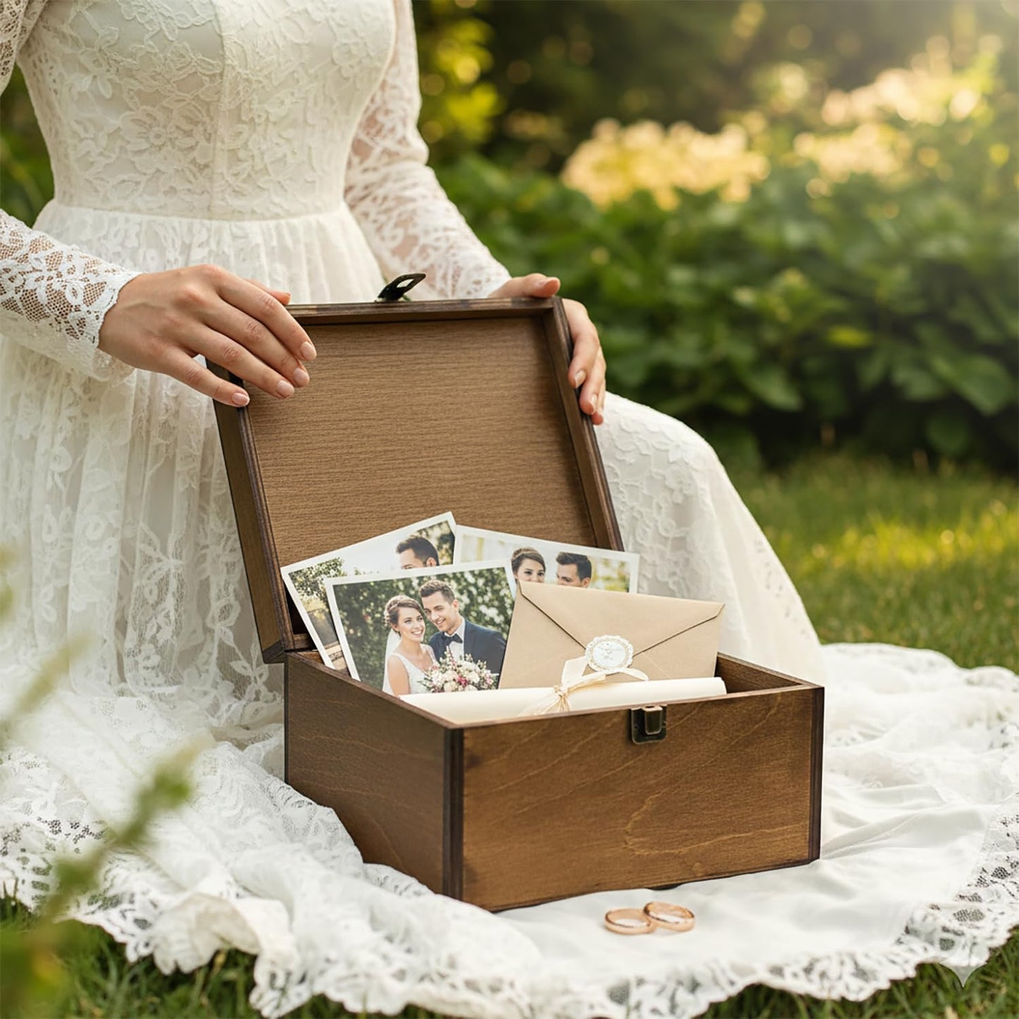 BeeGreeny Large Mr and Mrs Wooden Wedding Keepsake Box for Couples, 10"x10"x5" Wooden Memory Box with Lid, Wedding Gift Box for Bride and Groom, Bridal Shower, Anniversary Valentines Gift Ideas