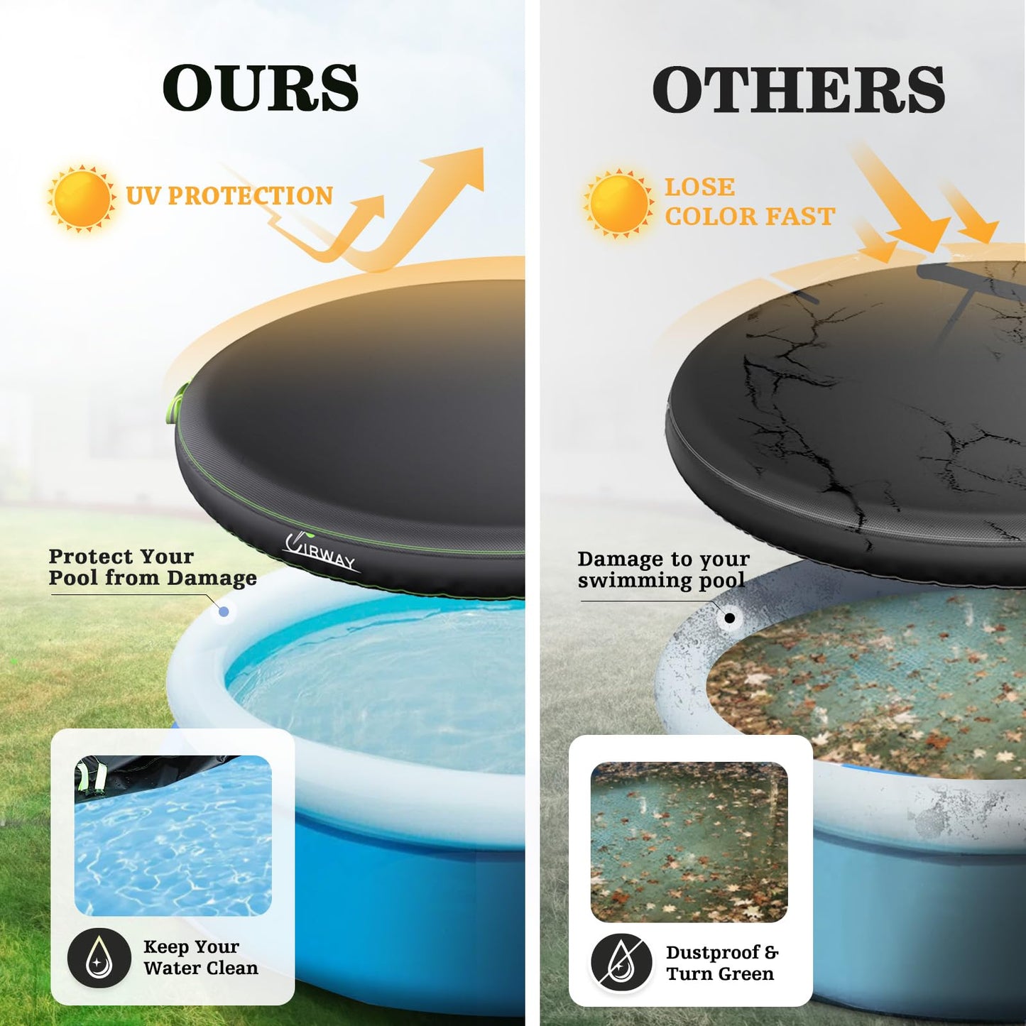 UIRWAY 10FT Round Pool Cover, Inflatable Pool Covers for Above Ground Pools with Elastic Cord - Snug Fit & Easy Set, Outdoor Swimming Pool Cover with 2 Reflective Strip Handles, Black