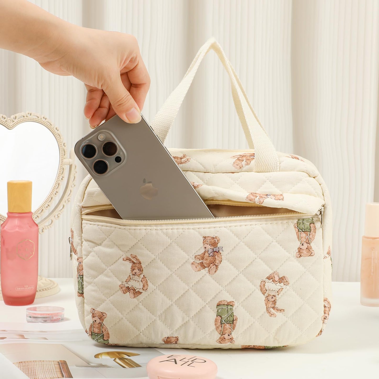 uekeboag Large Size Quilted Coquette Makeup Bag, Cute Preppy Floral Cotton Travel Cosmetic Organizer Bag with Top Handle, Multi-Layer Travel Toiletry Pouch for Girls (04Bear)