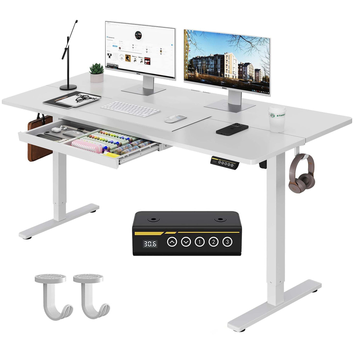 Gamork Electric Standing Desk with Drawers,48x24 inches Height Adjustable Sit-Stand Desk with Storage Shelf,3 Preset Heights,Equipped with Hooks,Ergonomic Gaming Table for Home and Study，White