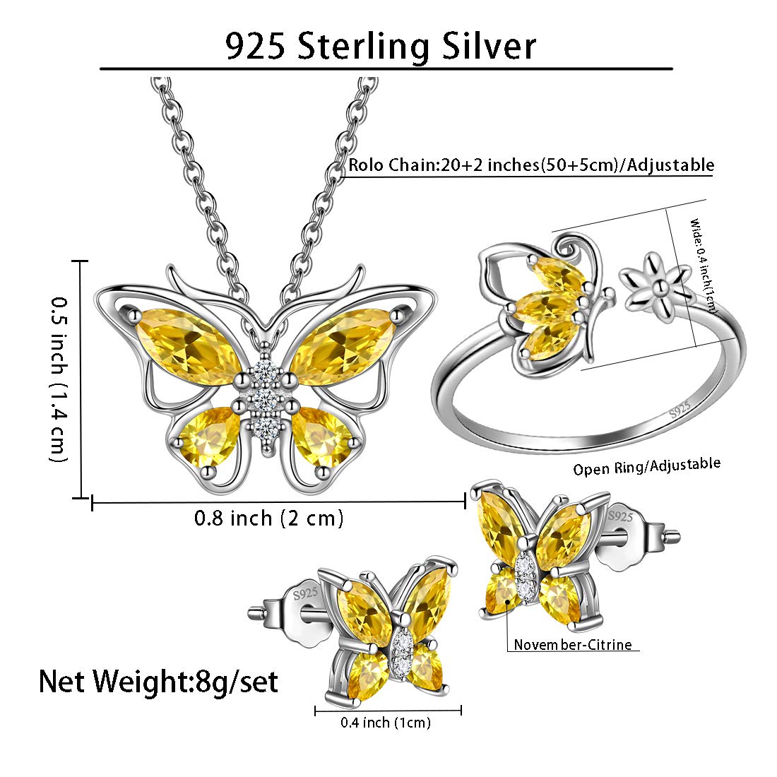 Hipunk Butterfly Yellow Jewelry Sets Birthstone Women 925 Sterling Silver November-Citrine Birth Stone Animal Butterflies Jewelry Sets/Earring/Ring Set Crystal Birthday Jewelry SS0002N