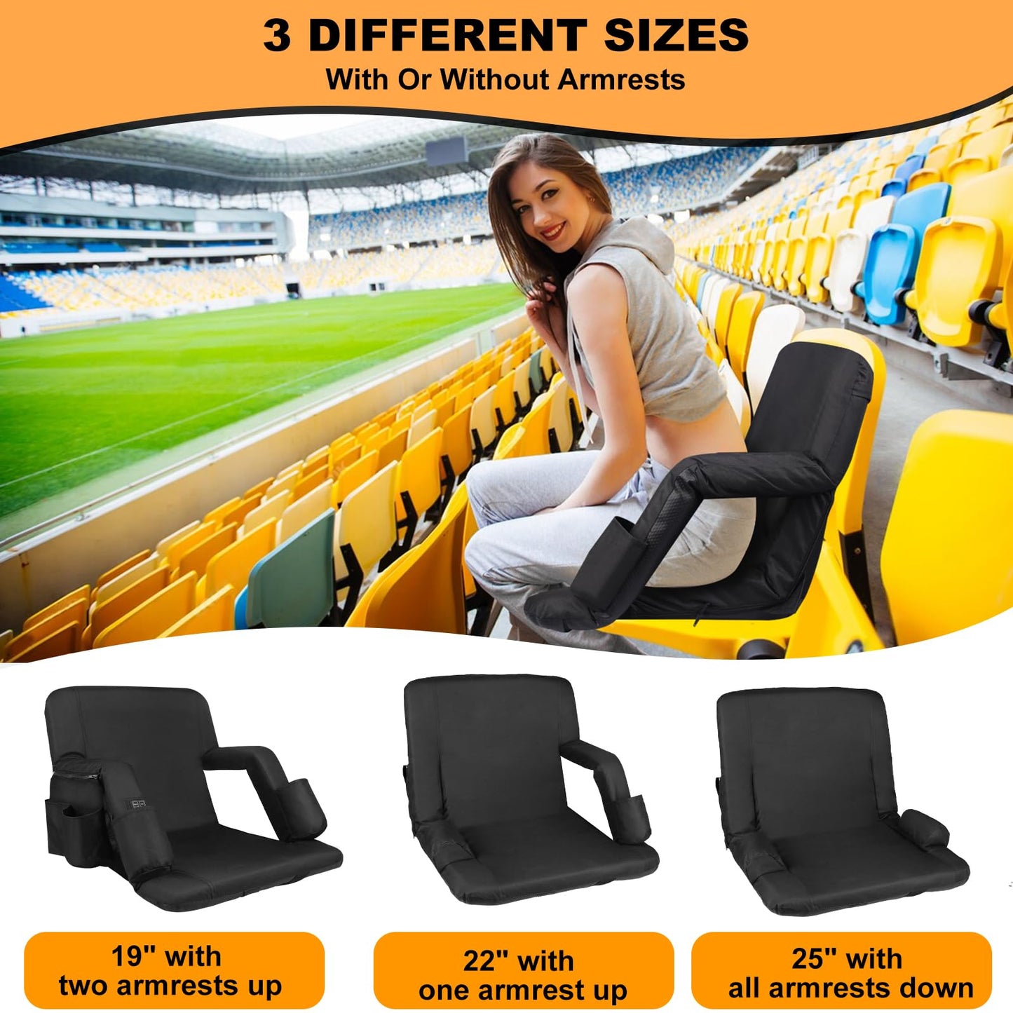 Moteoza Heated Bleacher Seat with Backrest with 5V 20000mAh Battery Heated Stadium Seats for Bleachers with Back Support Wide 25" Heated Stadium Chair 6 Reclinng Positions 3 Heating Levels 2PCS