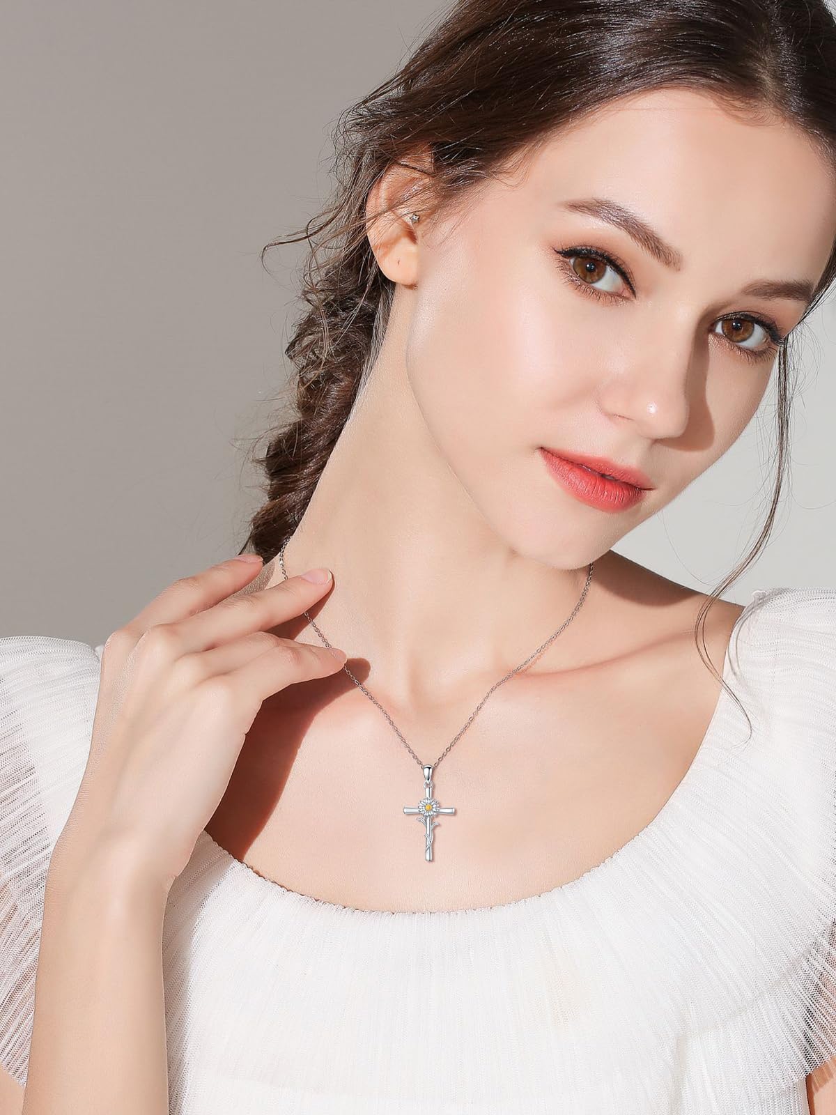 Cargari Daisy Cross Necklace 925 Sterling Silver Daisy Pendant Birth Flower Cross Necklace Jewelry Floral Gifts for Women