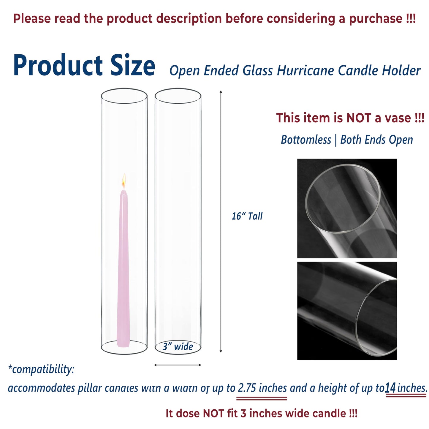 CYS EXCEL 6 PCS (H:16" D:3"") Open Ended Clear Glass Hurricane Candleholder Tube Lamp Shade Open Flame Candlestick Holder Chimney Tube Cover Bottomless Cylinder"