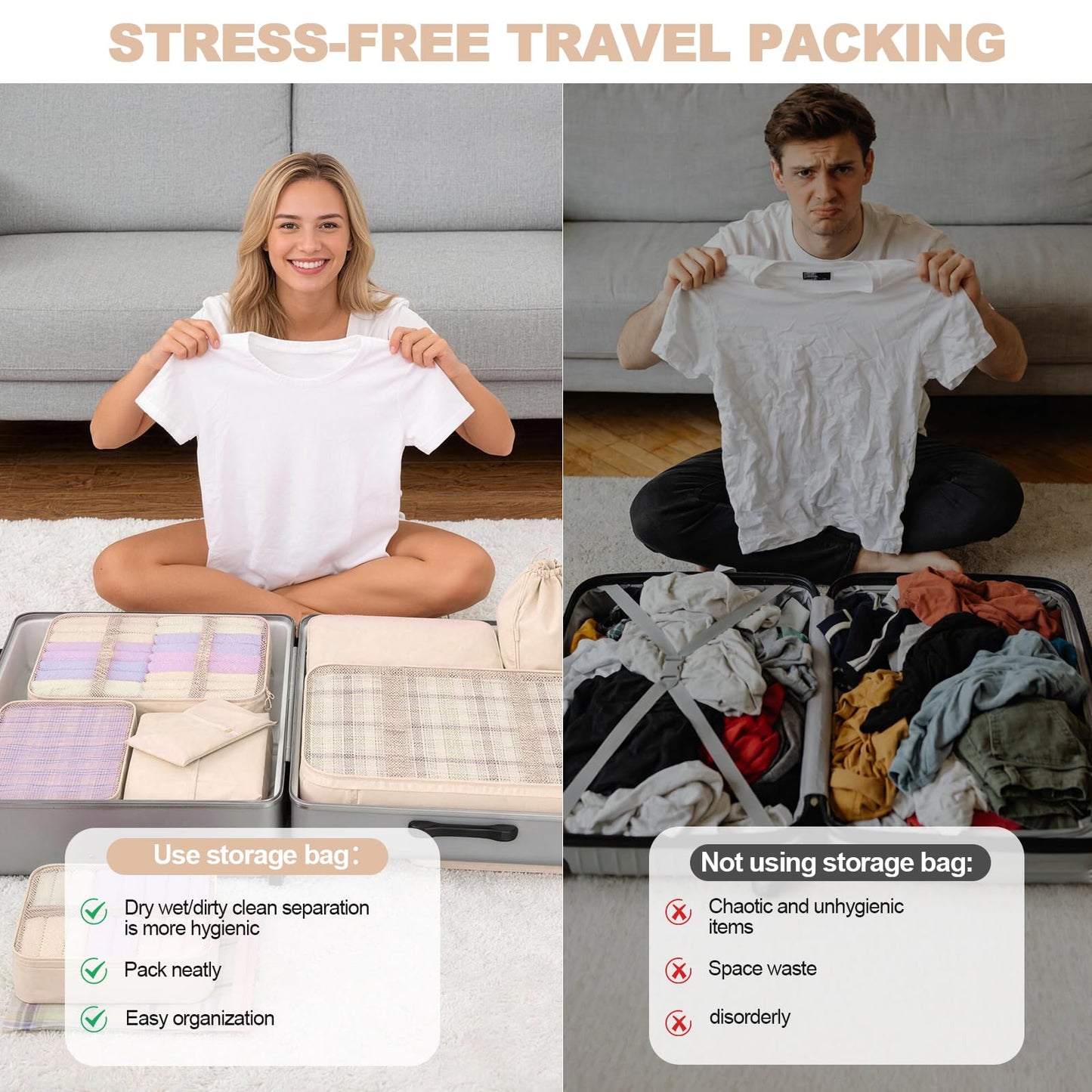 8 Set Packing Cubes for Travel,Suitcase Organizer Bags for Luggage with Shoe & Hanging Toiletry Bag, Vacation Essentials & Accessories for Cruise Ship, Airplane Must-Have,Road Trip & Camp Gifts(Cream)