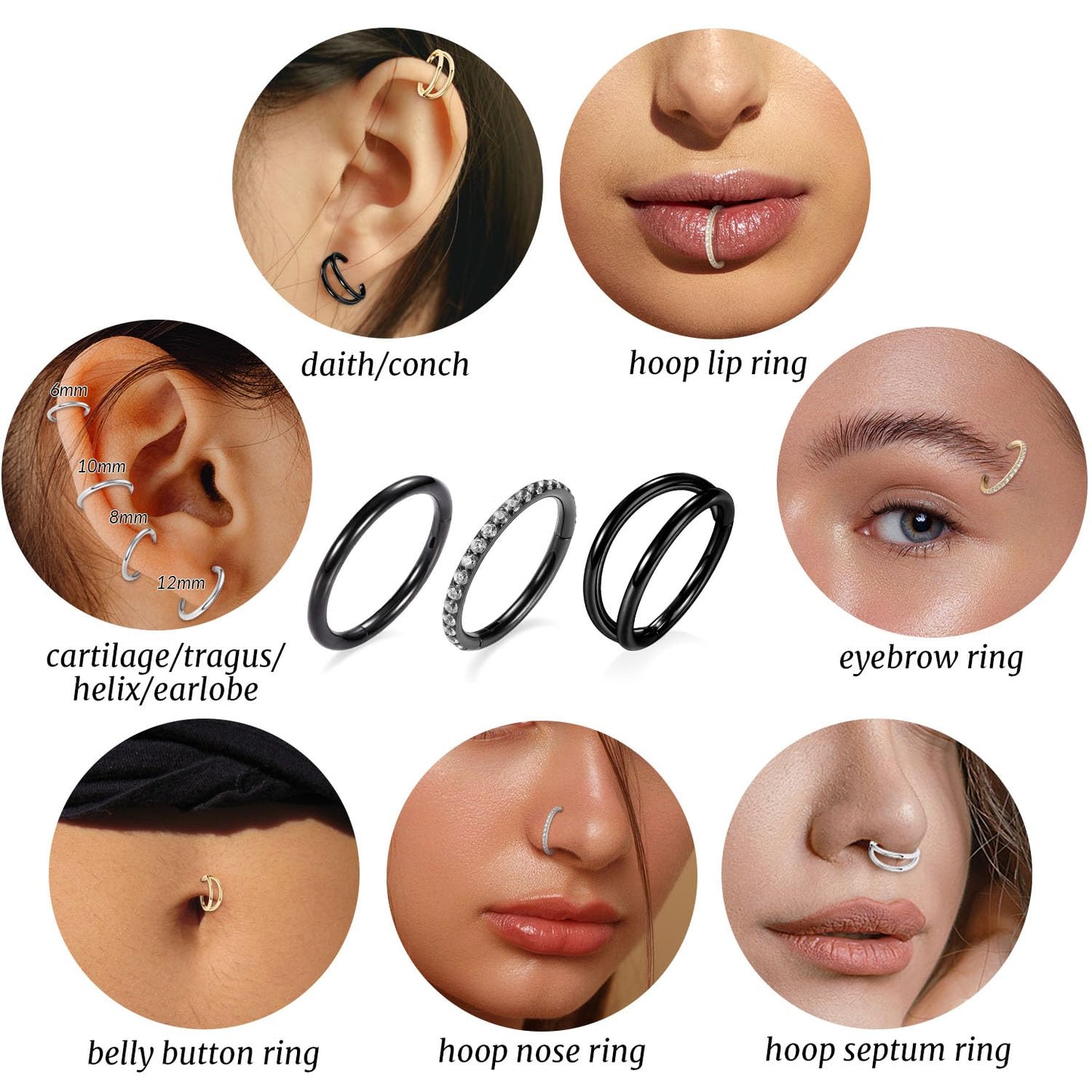 GAGABODY Unisex 16G Black Surgical Steel Multi-Use Body Jewelry - Nose Hoop, Lip, Septum, Conch, Helix, Cartilage, Ear Lobe - 3pcs with Velvet Bag