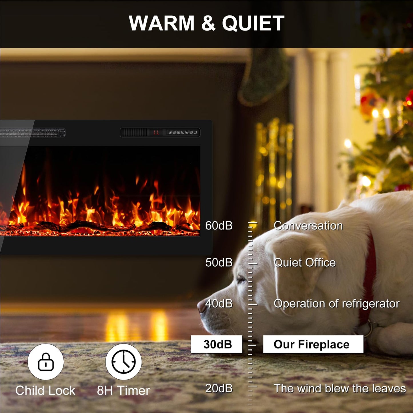 BREEZEHEAT 36 Inch Electric Fireplace Recessed and Wall Mounted, Ultra Slim Linear Fireplace Heater 750/1500W w/Log, 12 Flame Colors, Lower Noise, 8H Timer