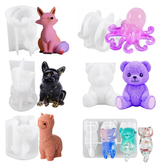 6PCS Animal Resin Mold, Alpaca, Bulldog, Fox, Cat,Bear and Octopus 3D Lifelike Silicone Molds for Epoxy Resin, Unique Display Mould for DIY Crafts Wall Desktop Home Decoration Candle Making (Model B)